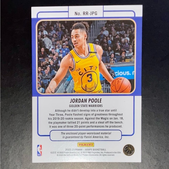 Jordan Poole Jersey Card - Rookie Remembrance 2022-23 Panini Hoops #RR-JPG - Picture 2 of 2